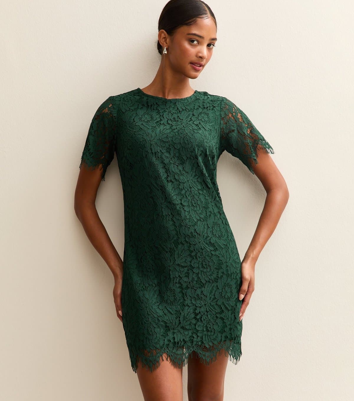 New Look Women's Dark Green Lace T Shirt Mini Dress New Look