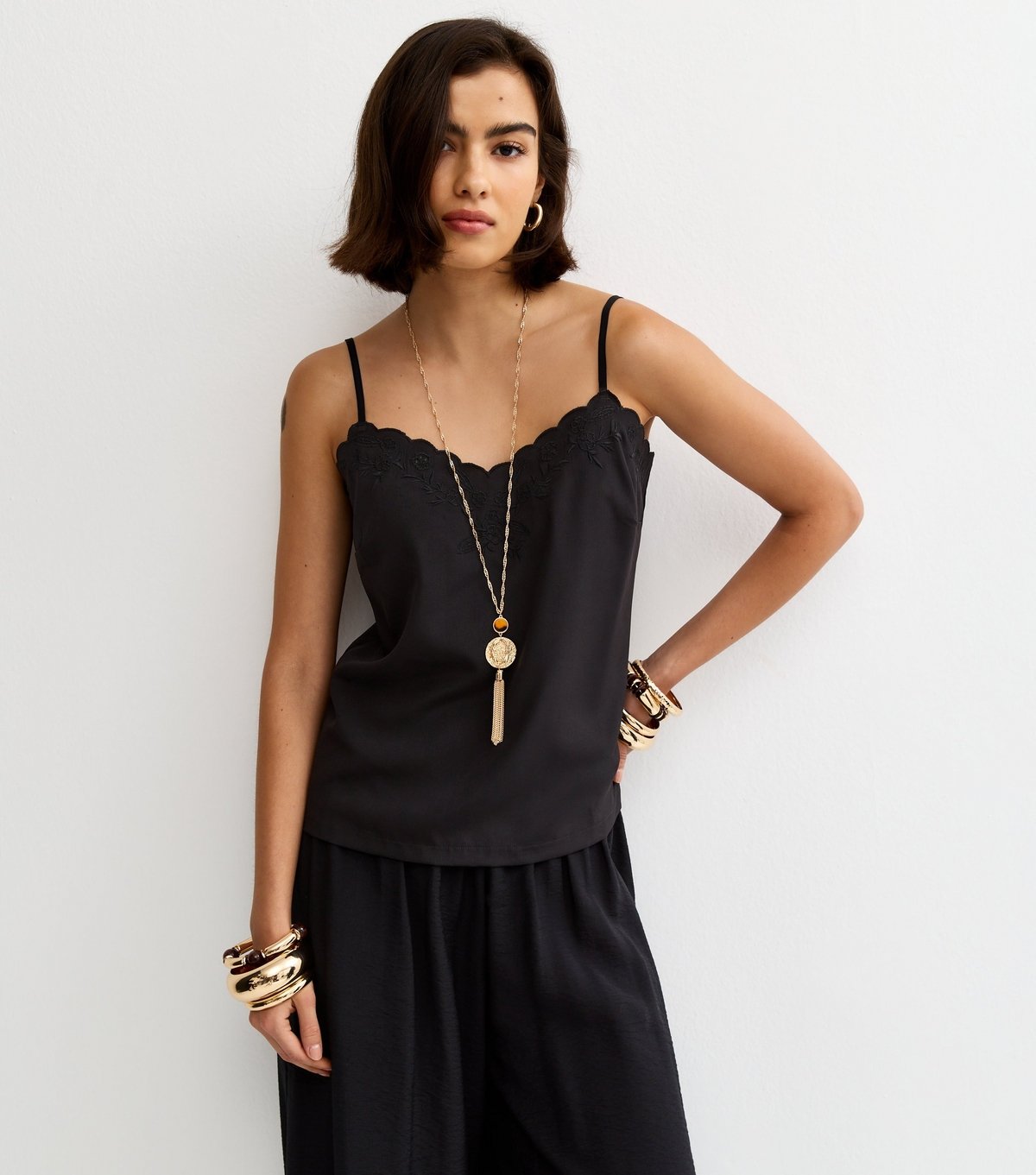 New Look Women's Black Embroidered Strappy Cami Top New Look - 4