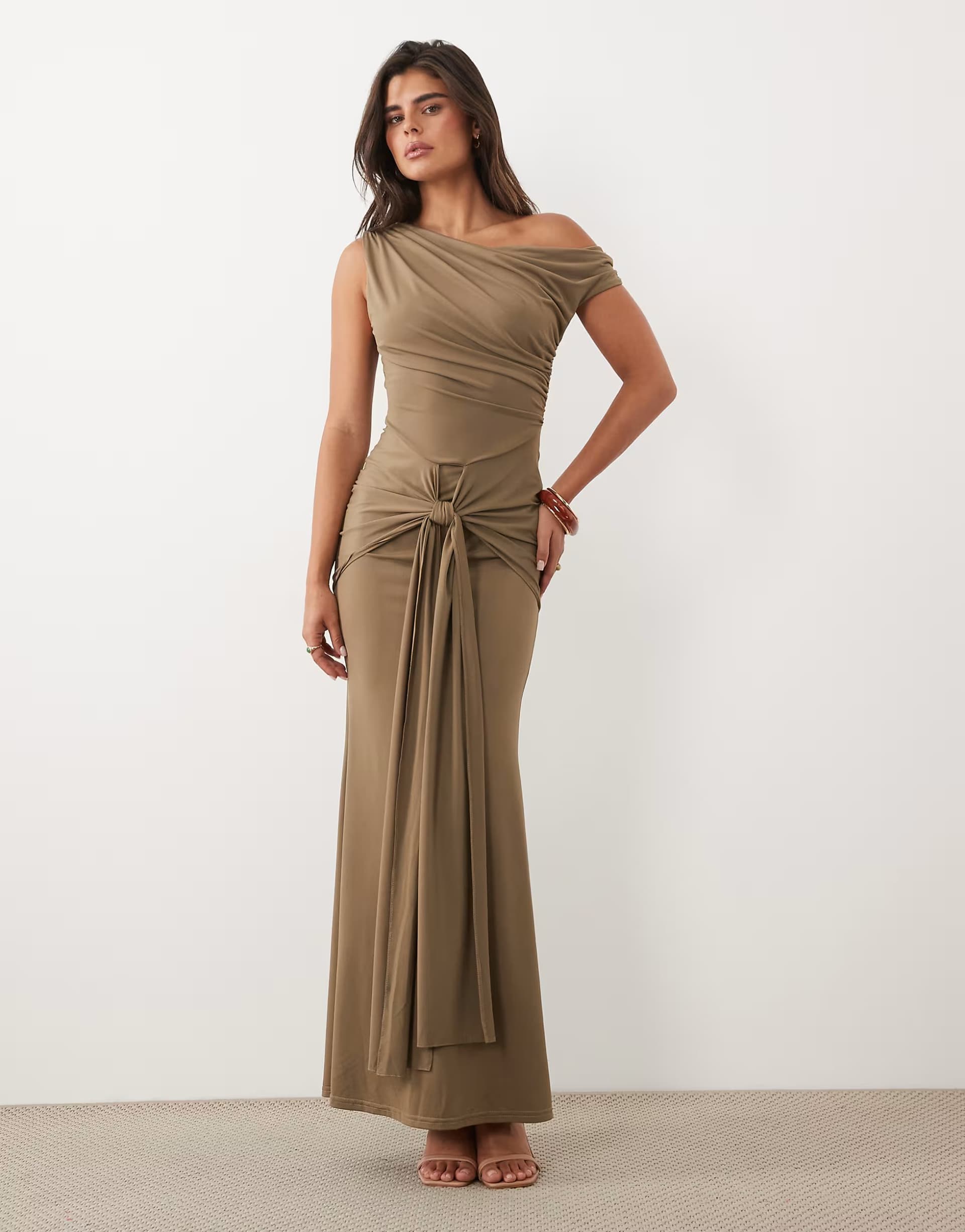 ASOS TFNC slinky one shoulder draped knot detail maxi dress in dark mocha