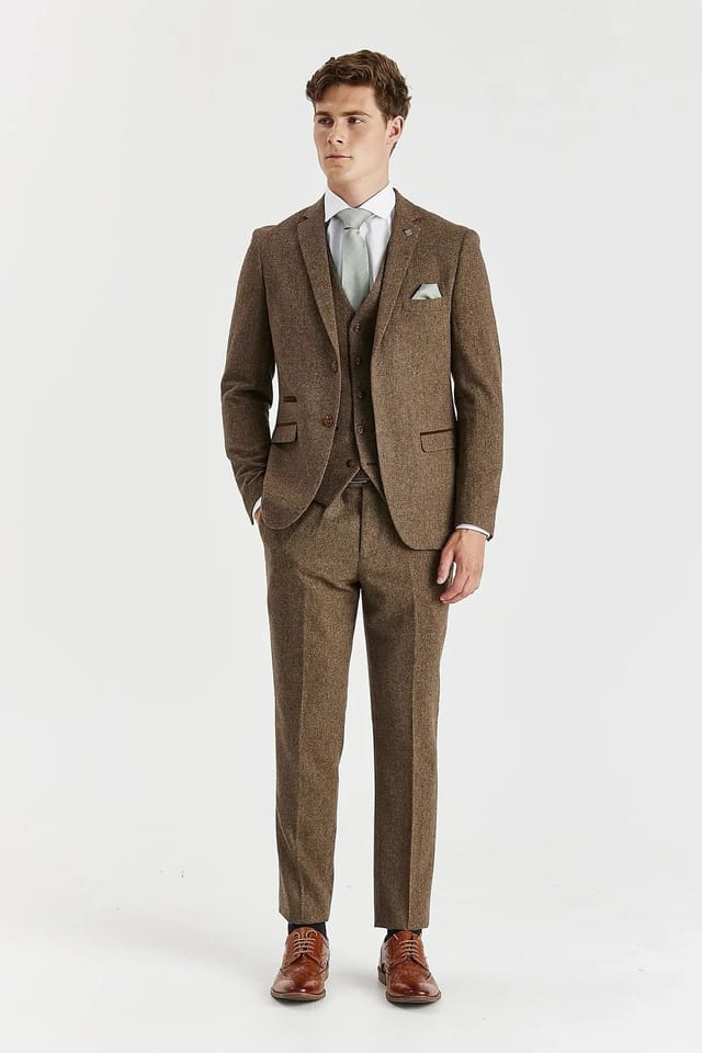 Paul Andrew Paul Andrew Men's Suit 3 Piece Brown Wool Blend Tweed Tailored Fit Formal - 2