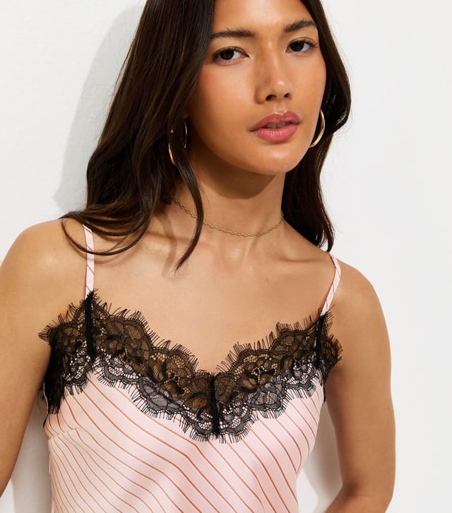 New Look Women's Light Pink Striped Lace Trim Asymmetric Cami Top New Look - 3