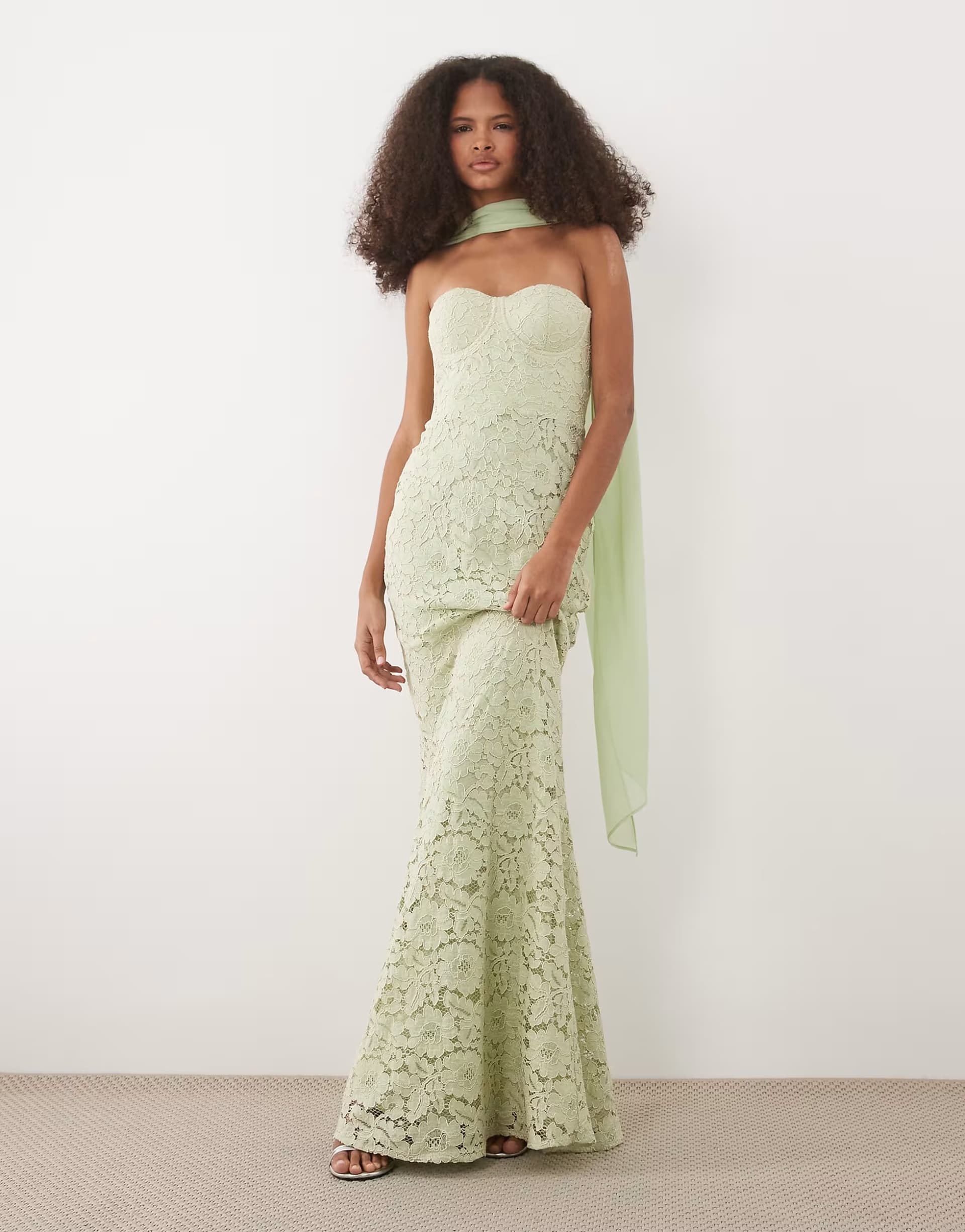 ASOS Six Stories lace corset maxi dress with scarf neck in sage green