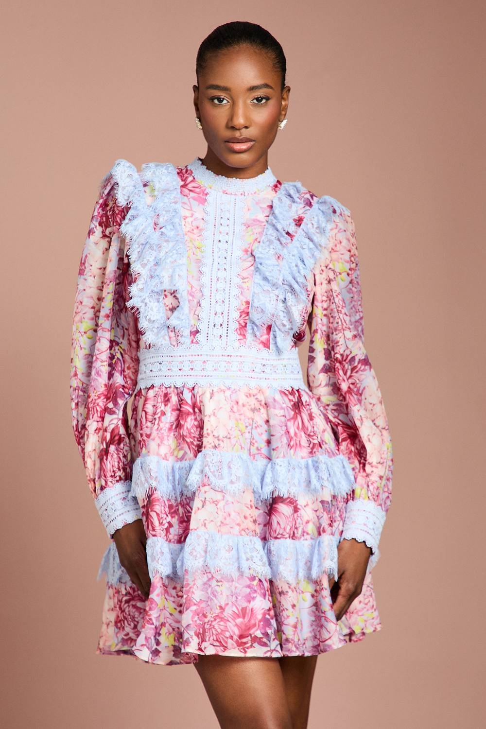 Coast Coast Women's Printed Long Sleeve Lace Trim Mini Dress in Pink - 2