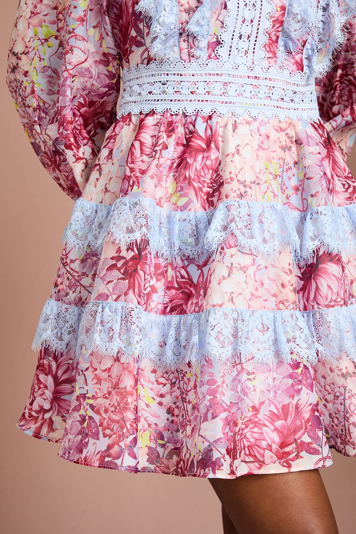 Coast Coast Women's Printed Long Sleeve Lace Trim Mini Dress in Pink - 4