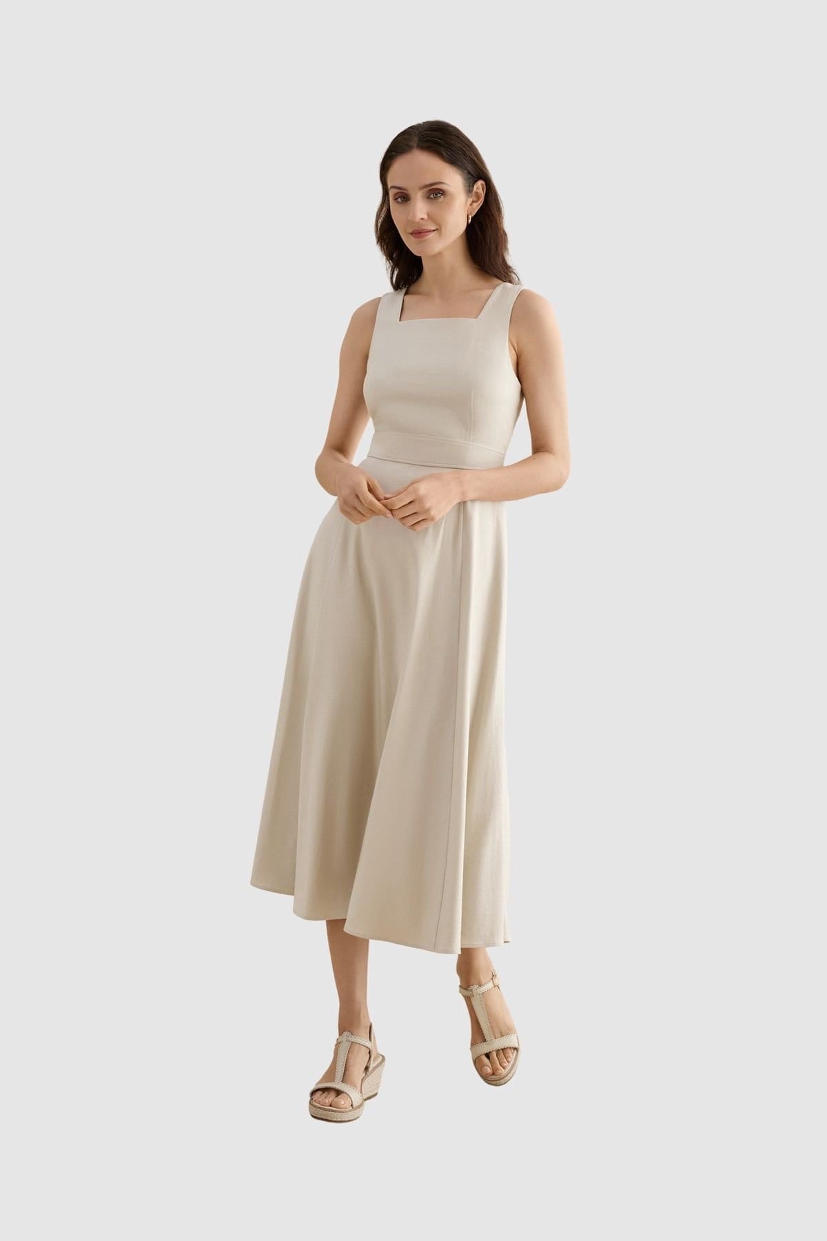 Hobbs London Light Beige Linen Midi Dress