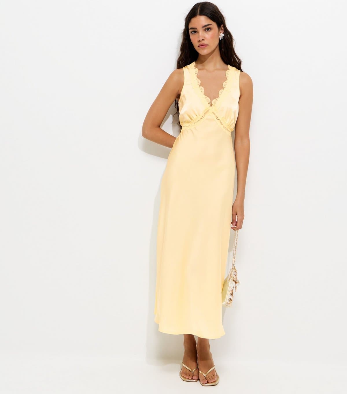 New Look Women's Yellow Satin Lace Trimmed V-Neck Midi Dress New Look