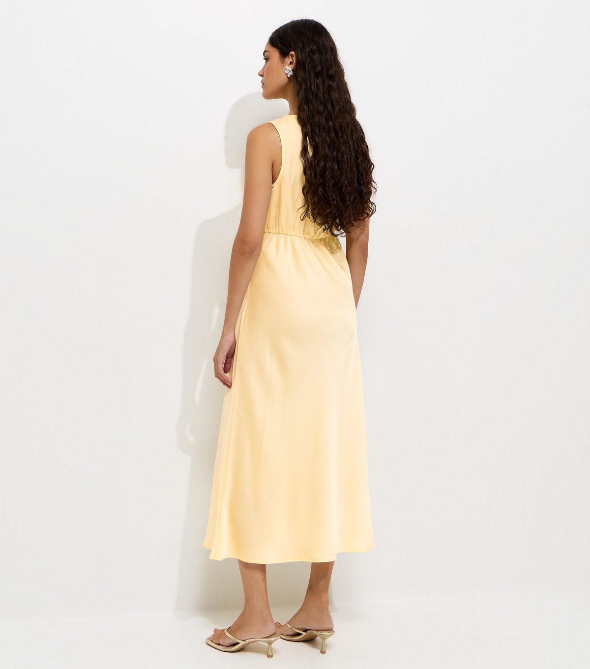 New Look Women's Yellow Satin Lace Trimmed V-Neck Midi Dress New Look - 4