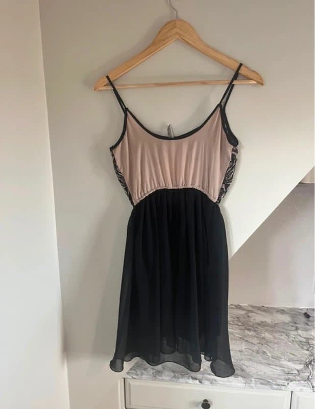 Stradivarius Stradivarius Vintage Y2K Black Pink Nude Lace detail Mesh Overlay Mini Dress Size 6
