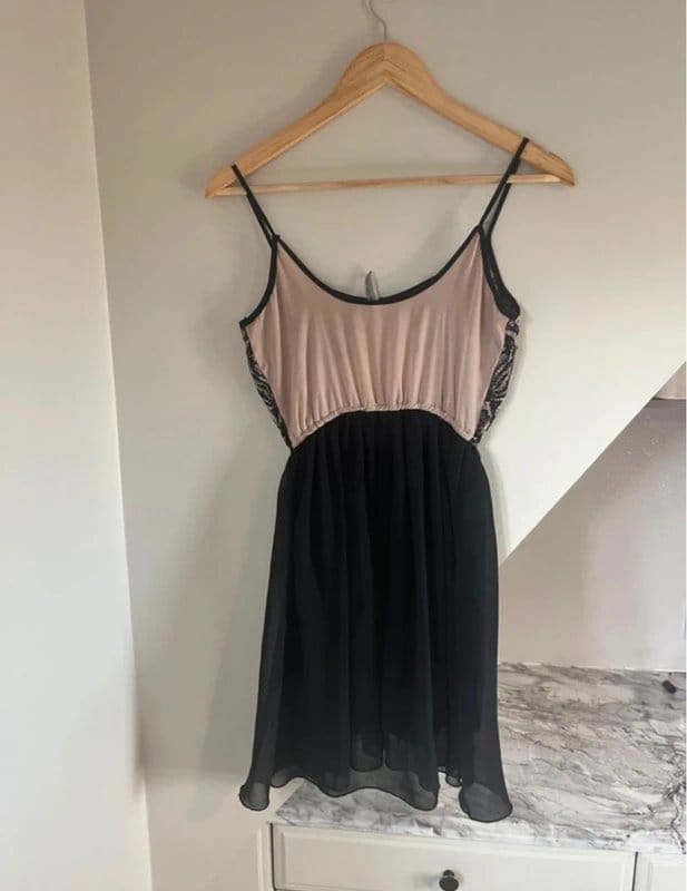 Stradivarius Stradivarius Vintage Y2K Black Pink Nude Lace detail Mesh Overlay Mini Dress Size 6 - 1