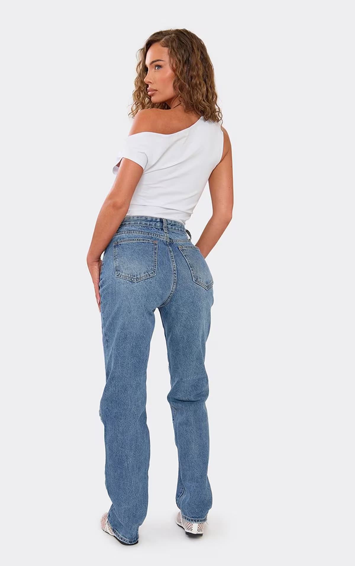 EGO High Waist Open Knee Straight Leg Jeans In Mid Blue Denim., Women's Size UK 6
