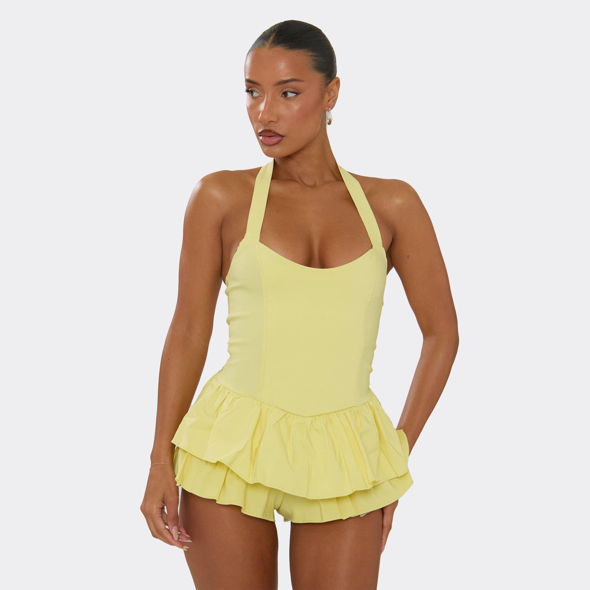 EGO Halterneck Frill Hem Playsuit In Lemon, Women's Size UK 6