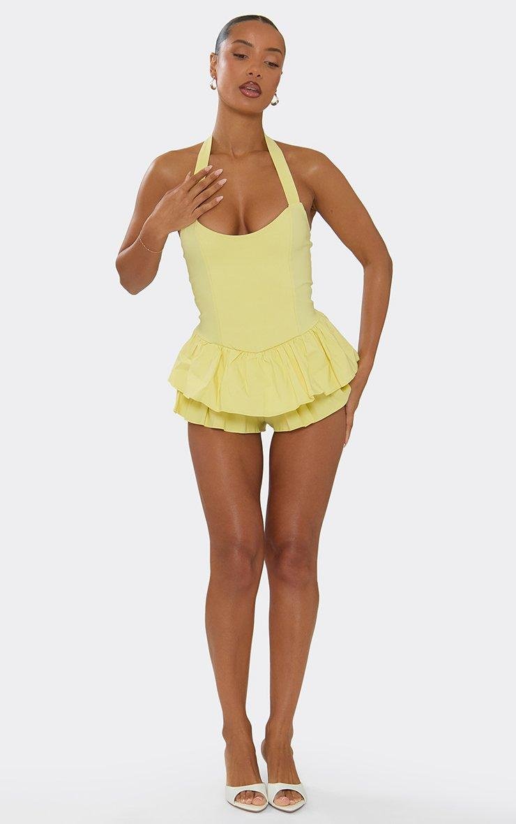 EGO Halterneck Frill Hem Playsuit In Lemon, Women's Size UK 6 - 2