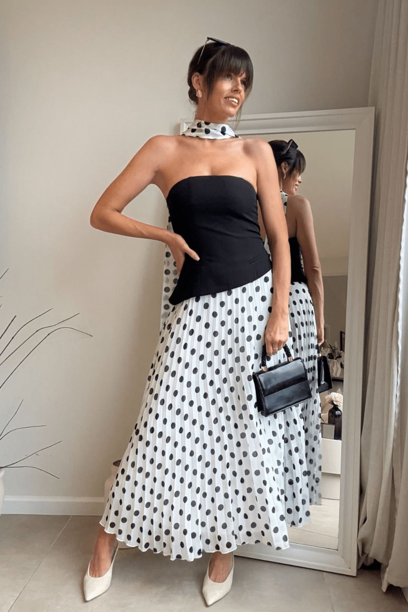 Style Cheat Style Cheat Women's Viola Scarf Bandeau Pleat Mono Polka Dot Midi Dress in Black