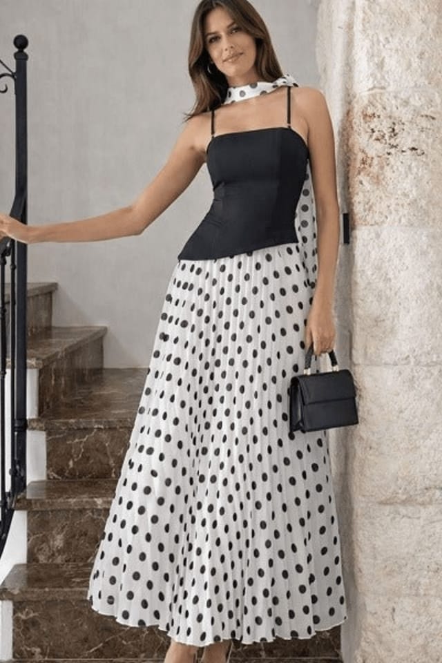 Style Cheat Style Cheat Women's Viola Scarf Bandeau Pleat Mono Polka Dot Midi Dress in Black - 2