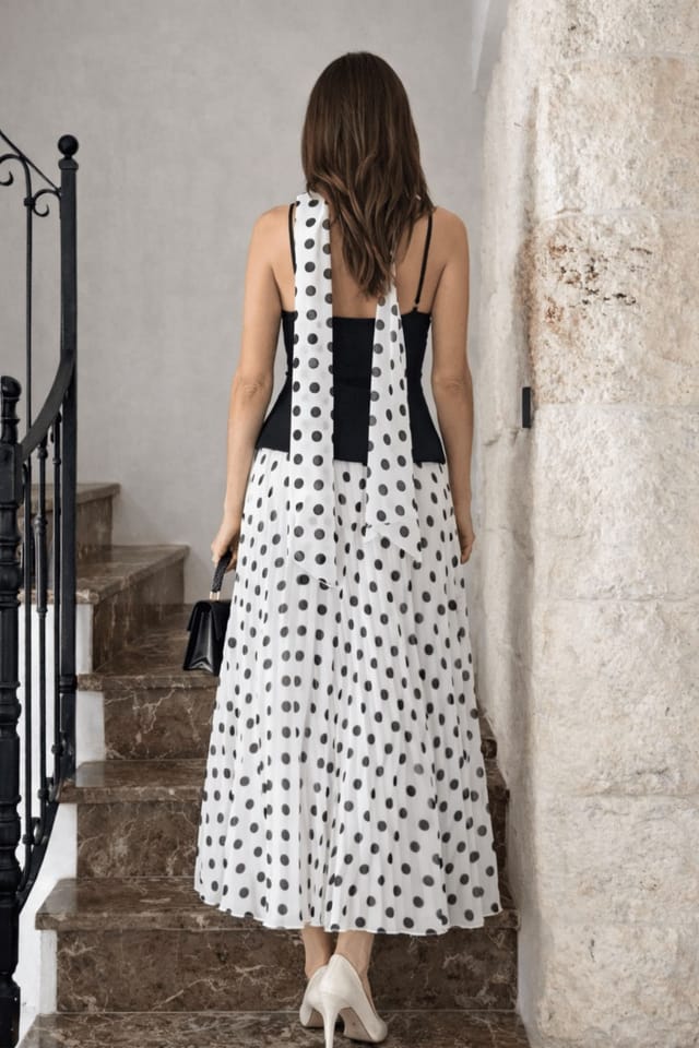 Style Cheat Style Cheat Women's Viola Scarf Bandeau Pleat Mono Polka Dot Midi Dress in Black - 3