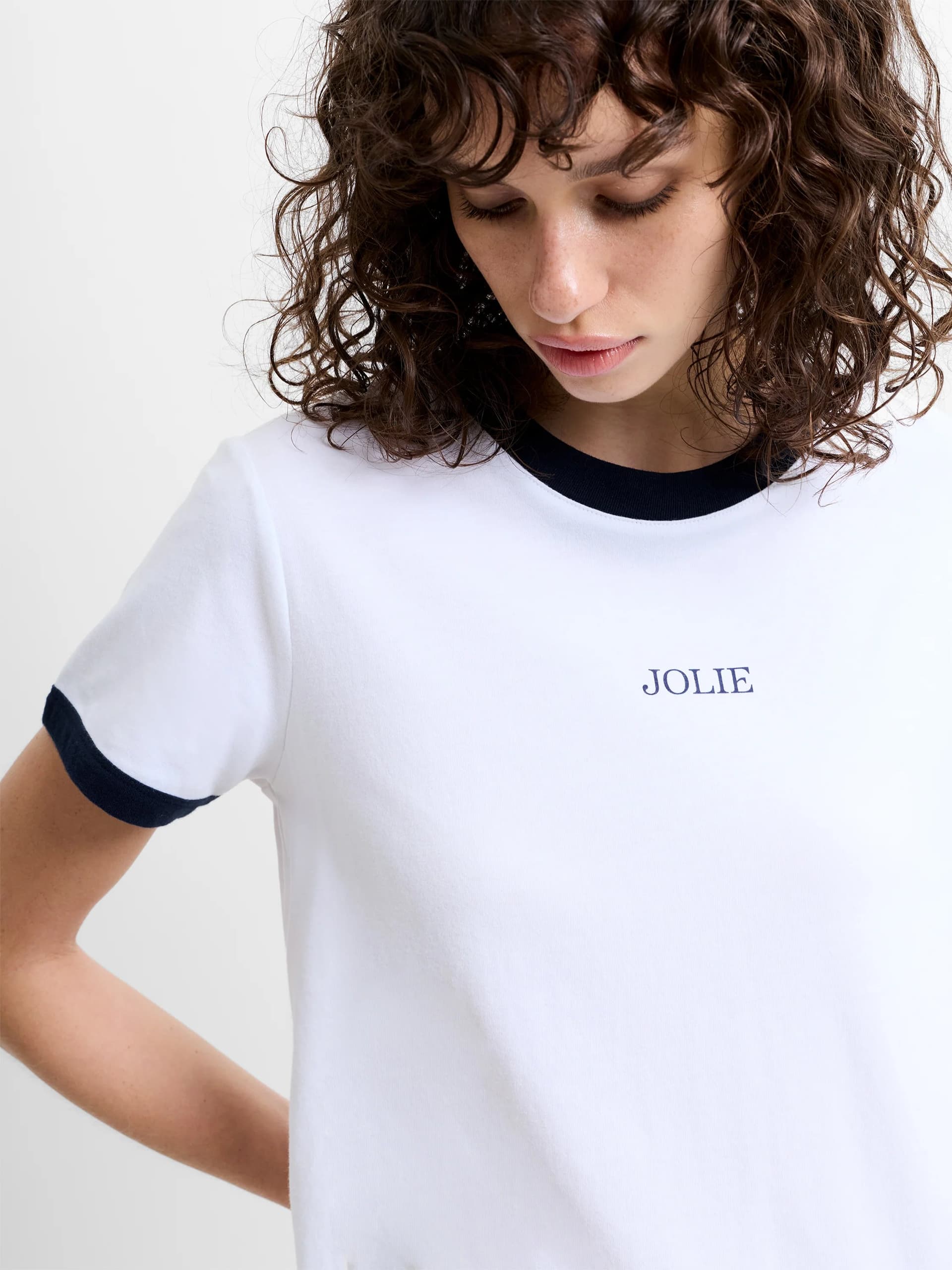 French Connection Cotton Jolie Graphic Ringer T-Shirt Linen White/Navy