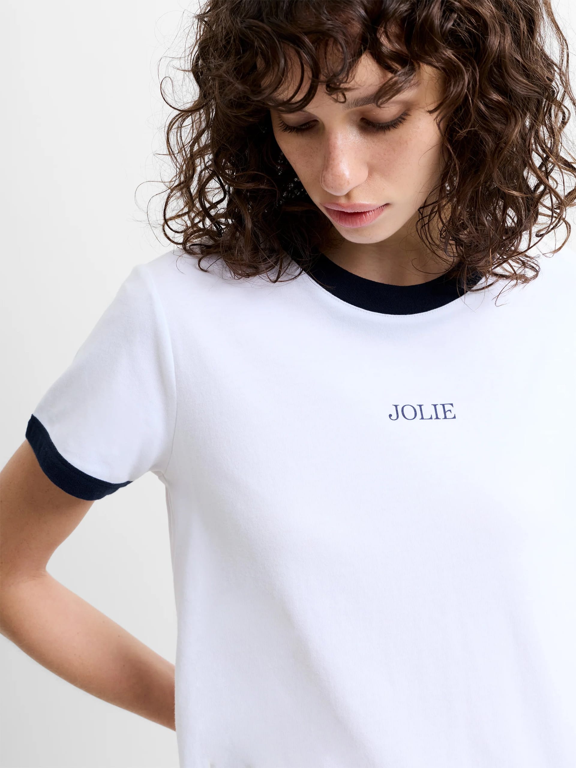 French Connection White/Navy Cotton Jolie Ringer T-Shirt