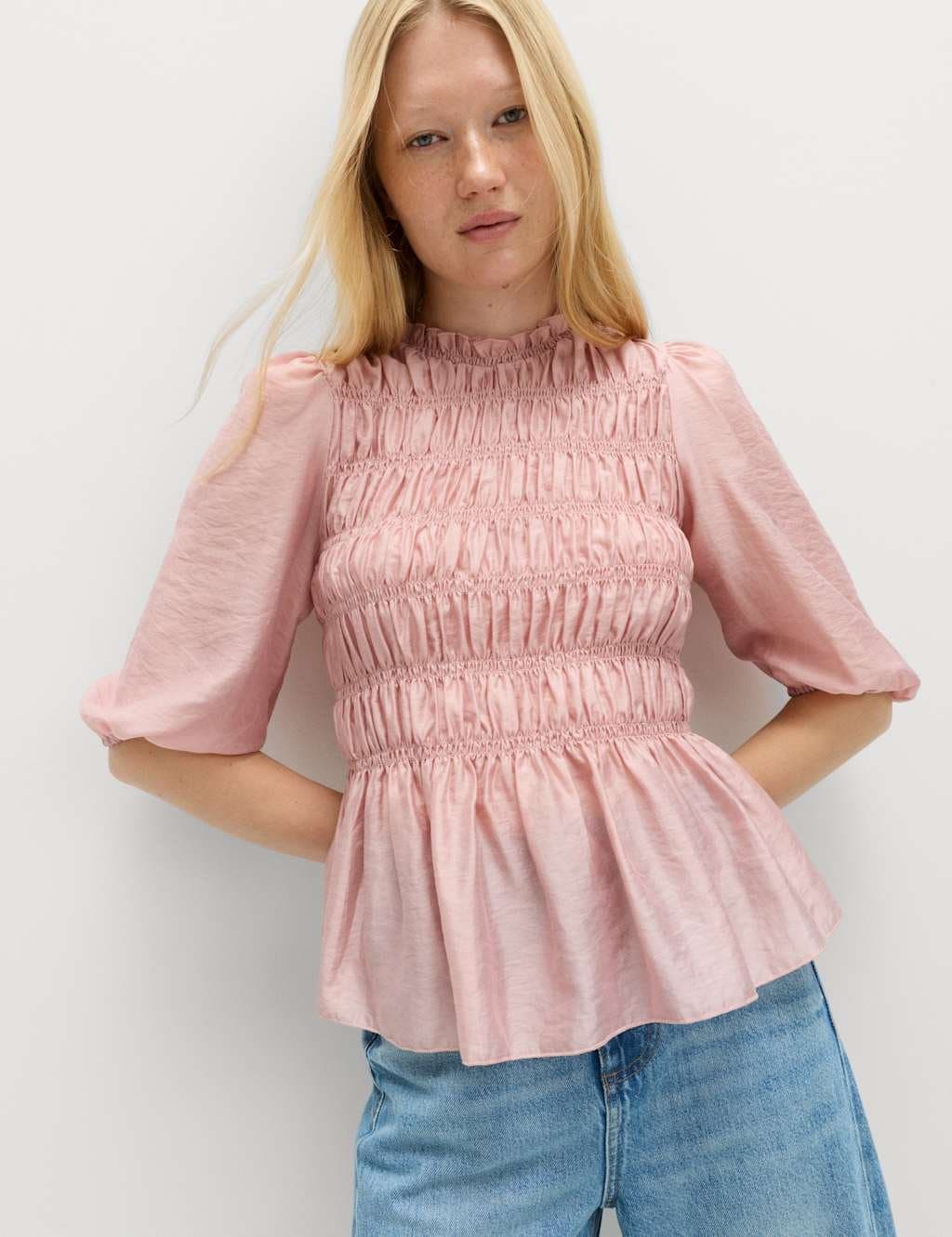 Marks & Spencer M&S Lyocell Rich Shirred Blouse Blush Pink