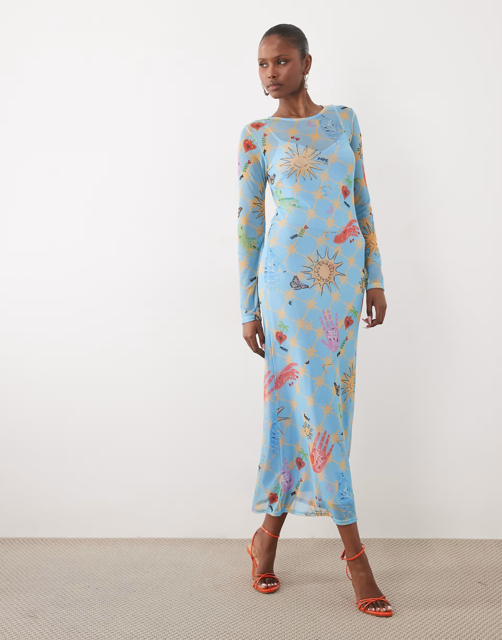 ASOS Never Fully Dressed mesh long sleeve midi dress in blue celestial print