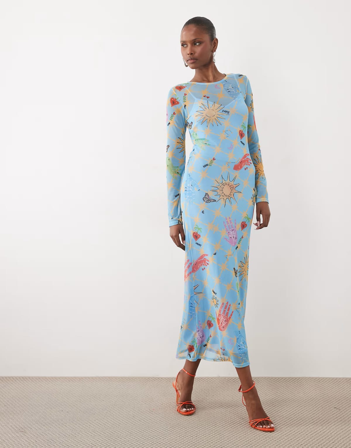 ASOS Never Fully Dressed mesh long sleeve midi dress in blue celestial print - 1