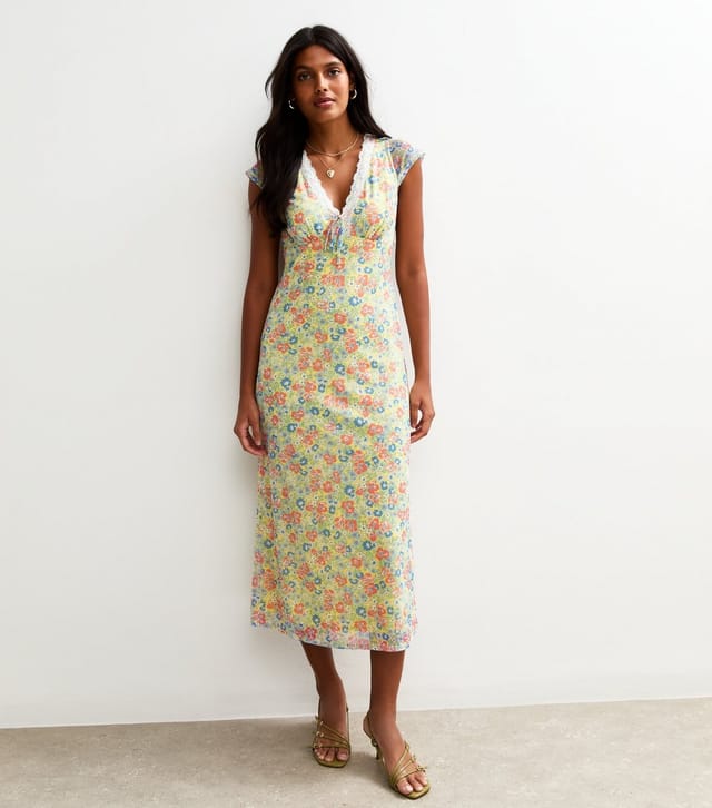 New Look Women's Yellow Floral Print Mesh Midi Dress New Look - 3