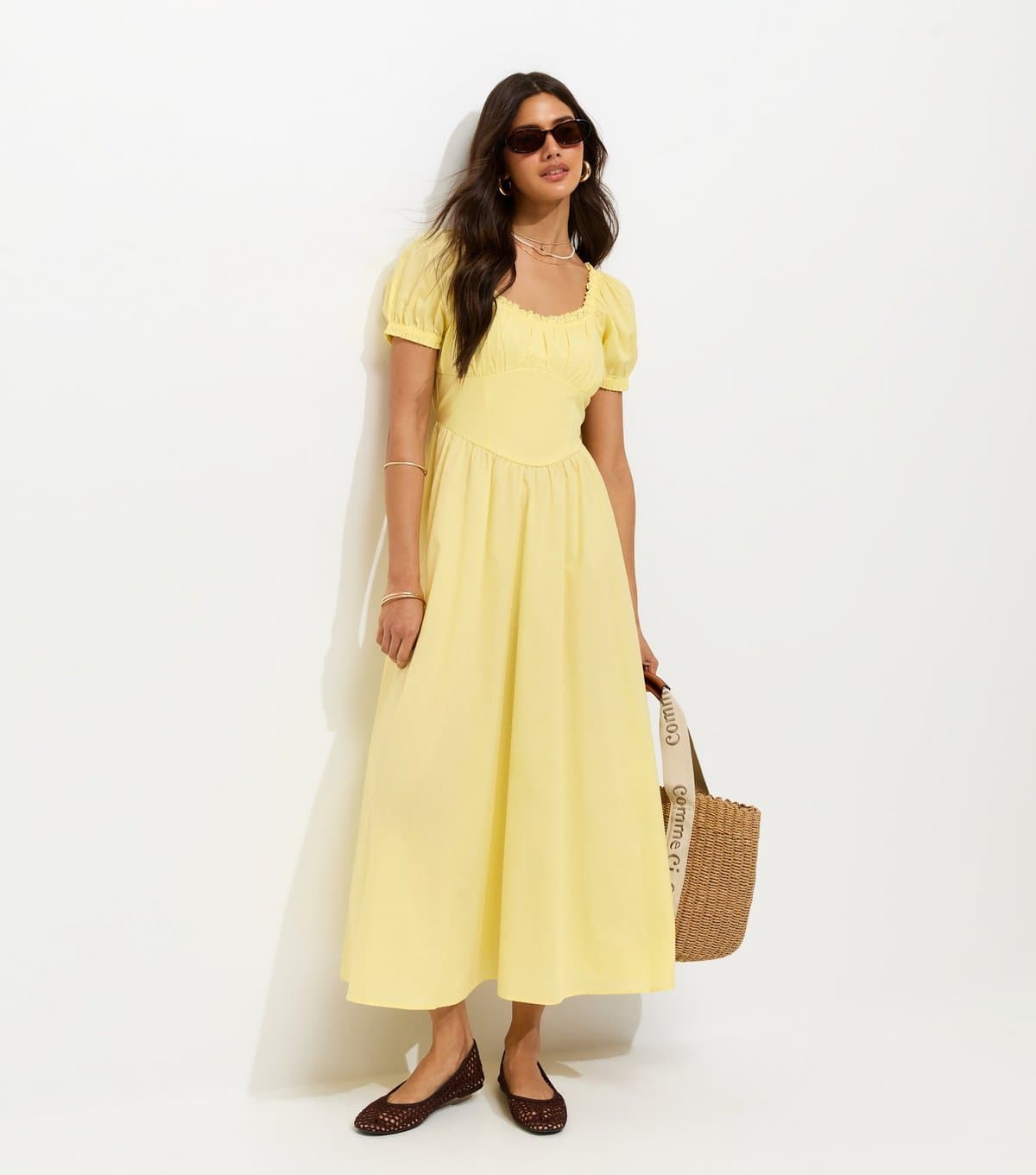 New Look Women's Light Yellow Lace Trim Milkmaid Midi Dress New Look