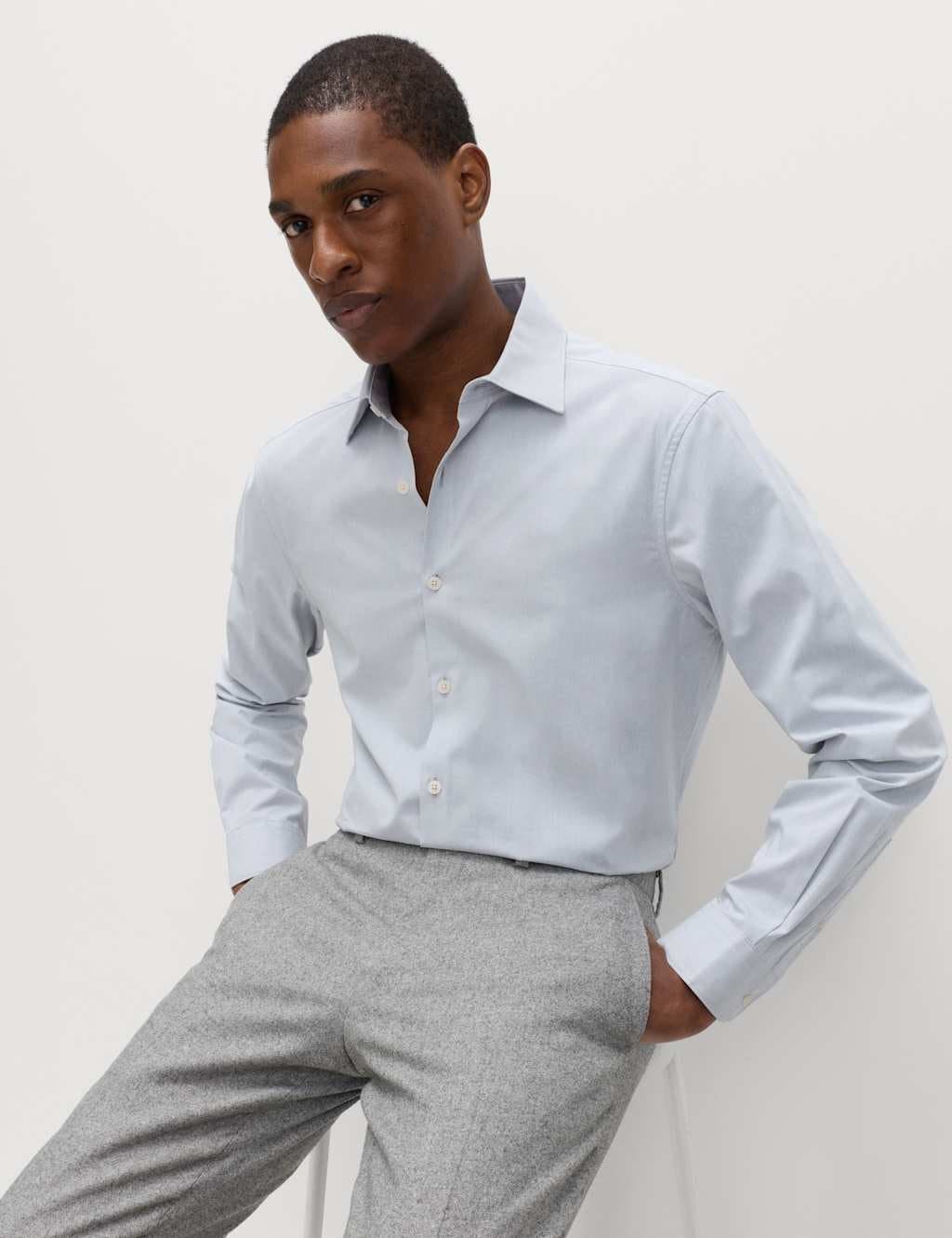 Marks & Spencer M&S Regular Fit Pure Cotton Marl Shirt Grey Mix