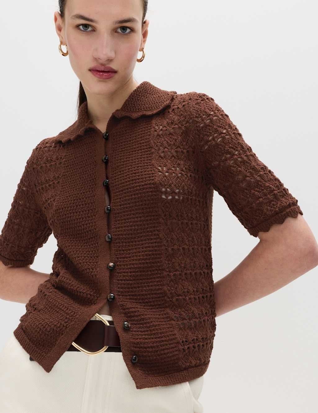 Marks & Spencer M&S Cotton Blend Open Stitch Cardigan Conker