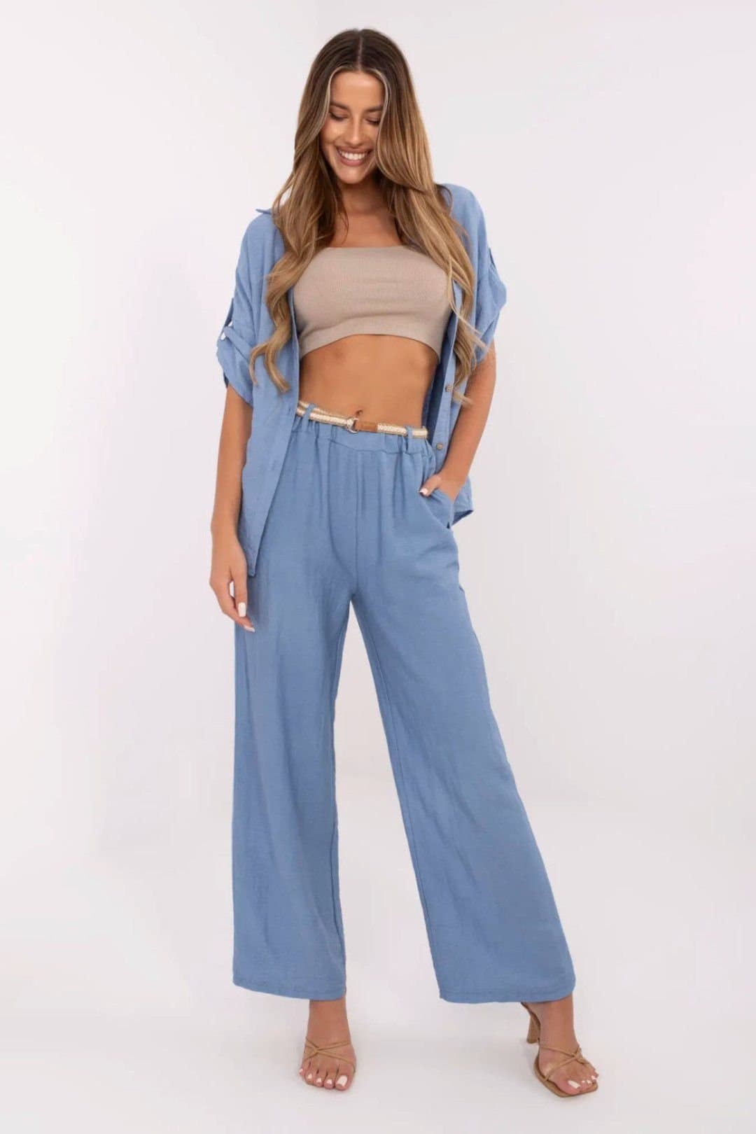 Love Lace Love Lace Women's Boho High Waist Wide Leg Linen Viscose Trousers Style 214062 in Blue