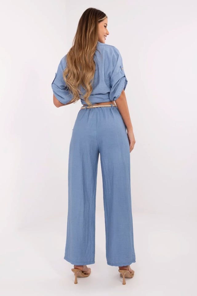 Love Lace Love Lace Women's Boho High Waist Wide Leg Linen Viscose Trousers Style 214062 in Blue - 3