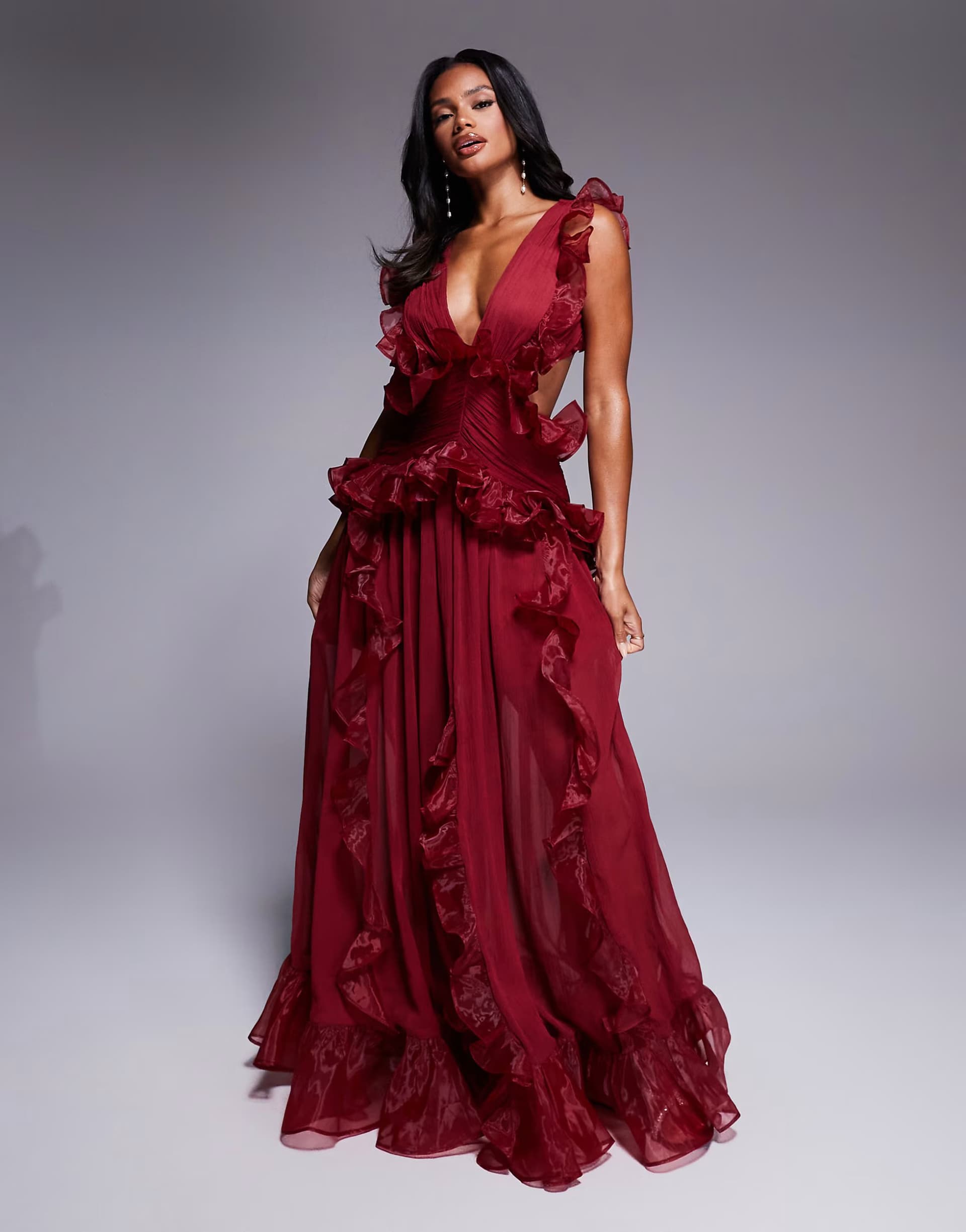 ASOS ASOS LUXE plunge maxi dress with ruched chiffon detail & open back in dark cherry