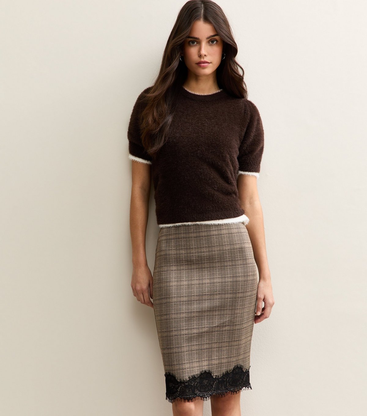 New Look Women's Brown Check Lace Hem Midi Skirt New Look - 3