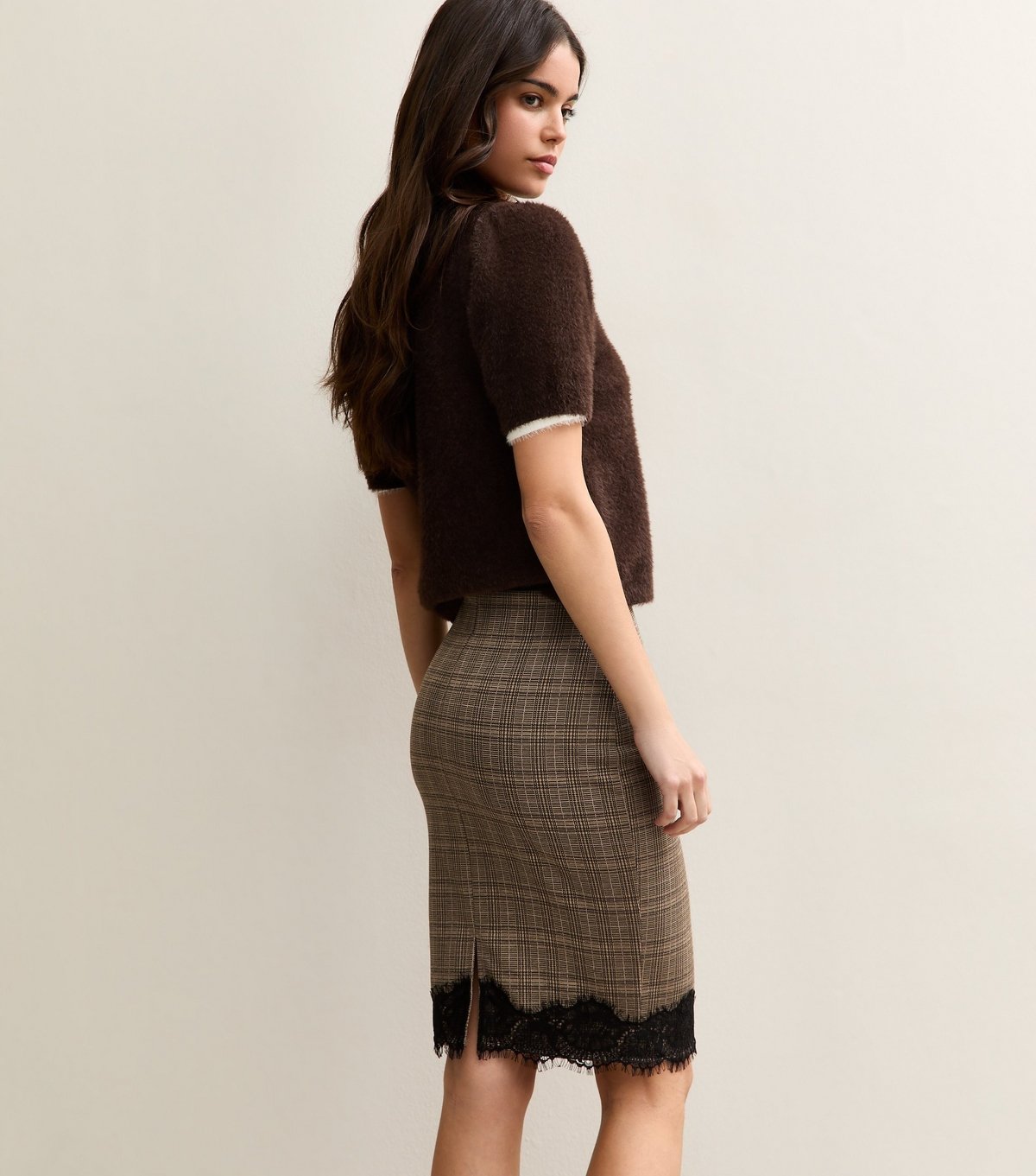 New Look Women's Brown Check Lace Hem Midi Skirt New Look - 4