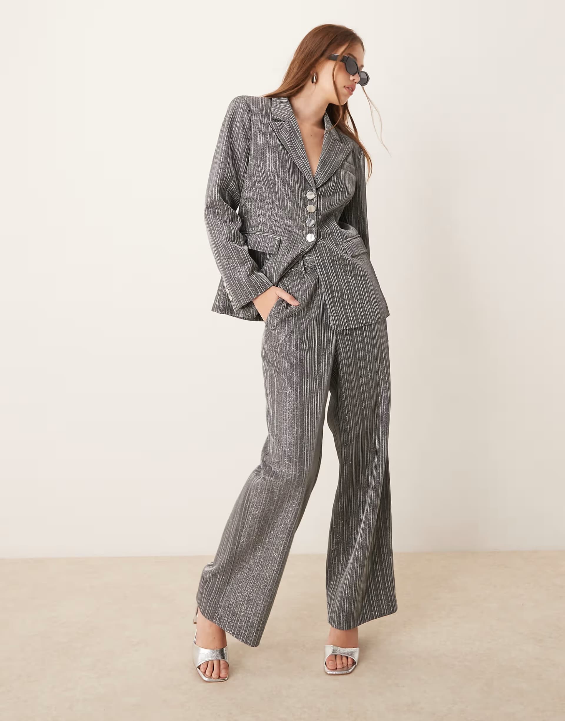 ASOS YAS glitter tailored high waisted suit trouser co-ord in silver