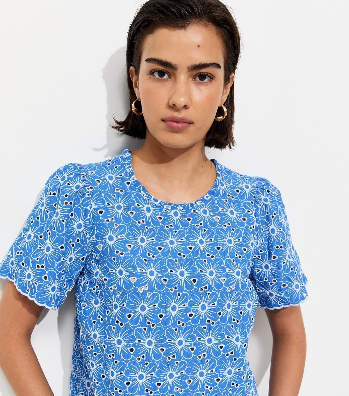 New Look Women's Blue Cutwork Floral Crew Neck Top New Look