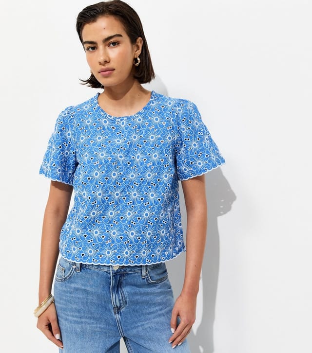 New Look Women's Blue Cutwork Floral Crew Neck Top New Look - 2