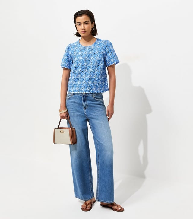 New Look Women's Blue Cutwork Floral Crew Neck Top New Look - 3
