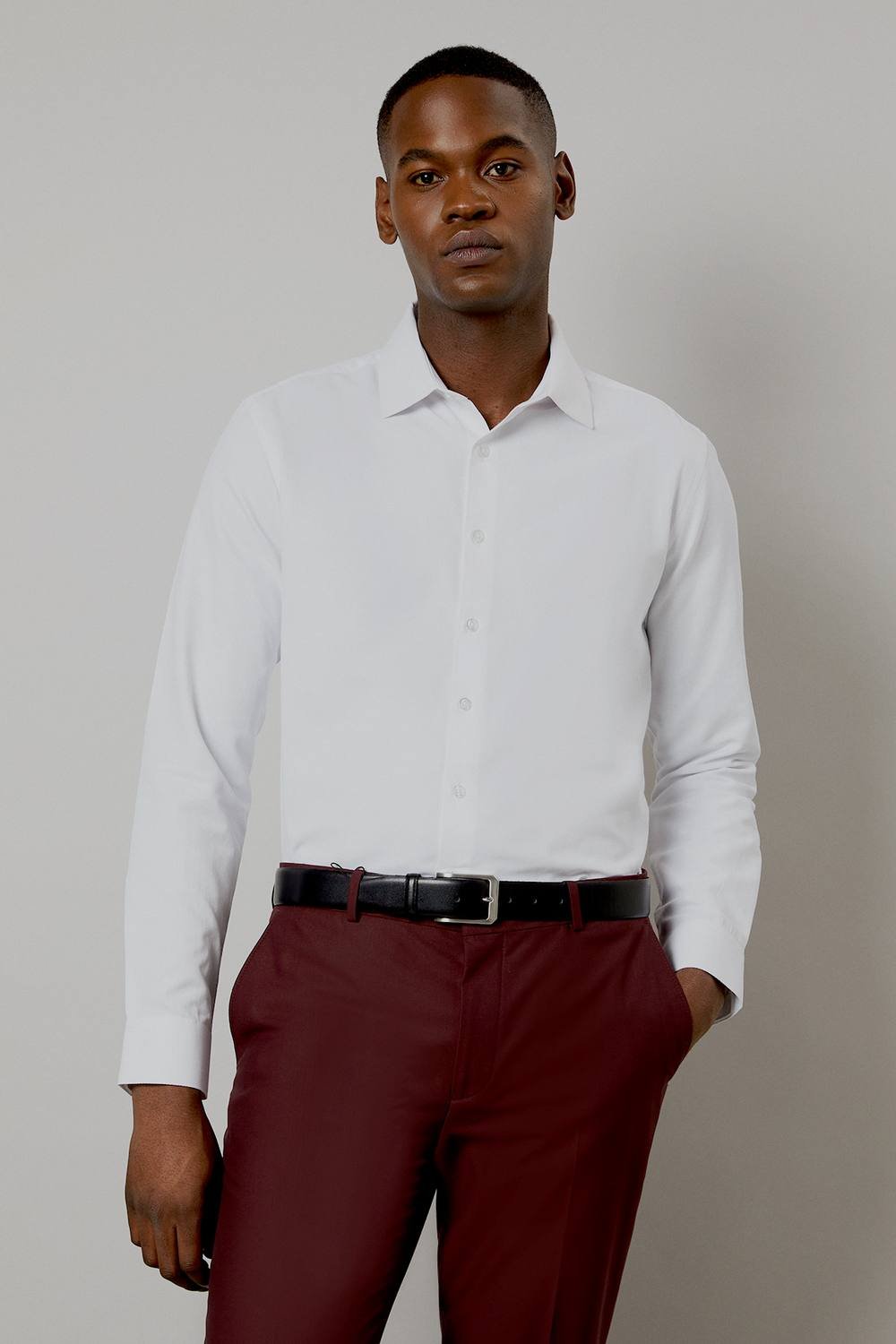 Burton Burton Men's White Easy Iron Cavalry Twill Slim Fit Long Sleeve Shirt - 3