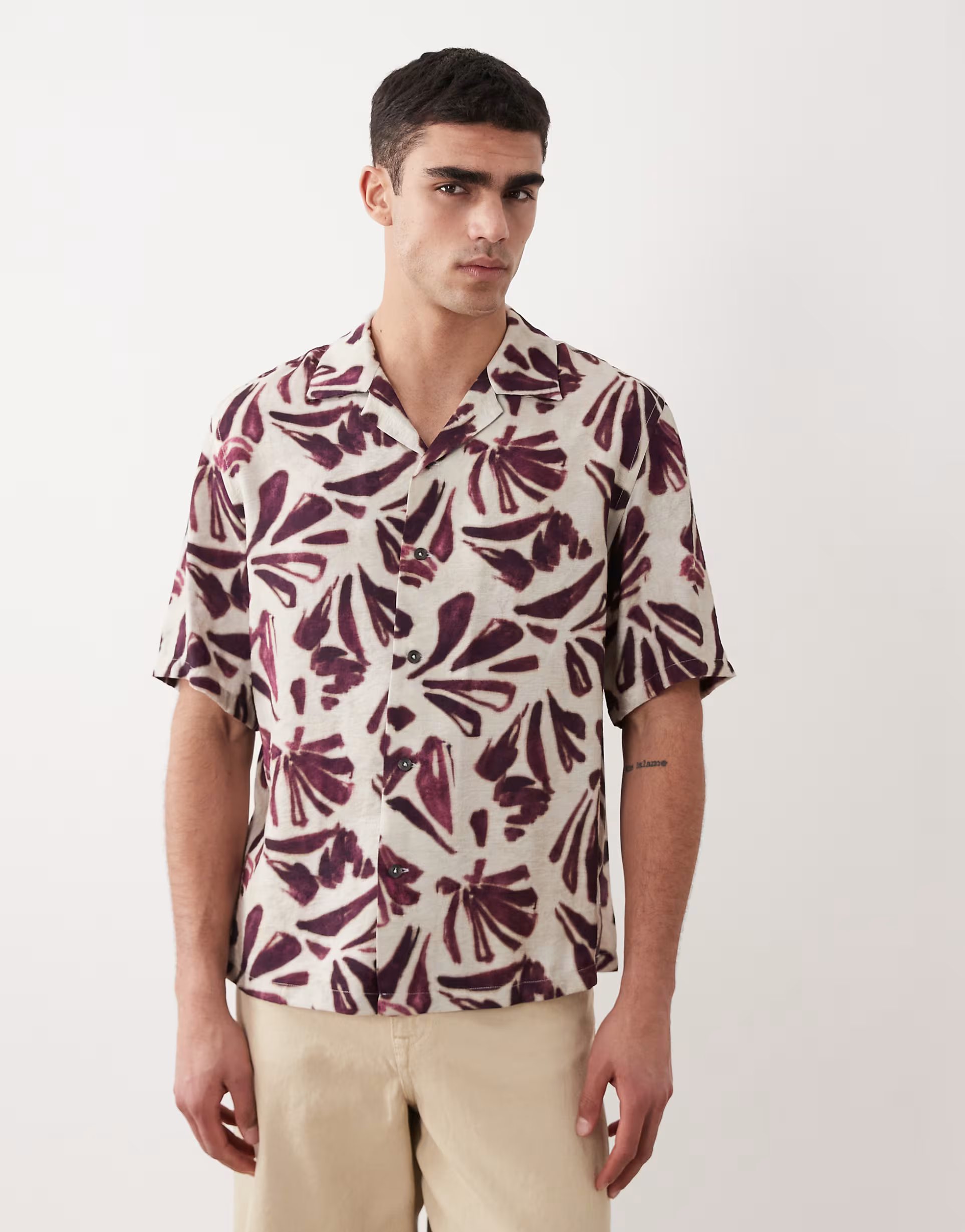 ASOS Mango abstract alm print short sleeve shirt in deep red - 1