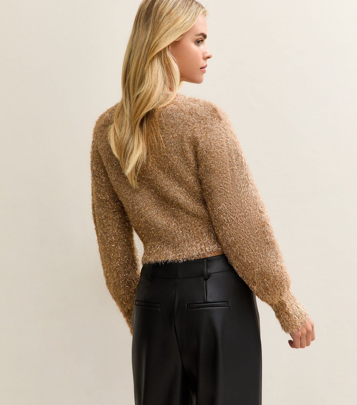 New Look Women's Petite Gold Fluffy Sparkle Cropped Cardigan New Look - 4