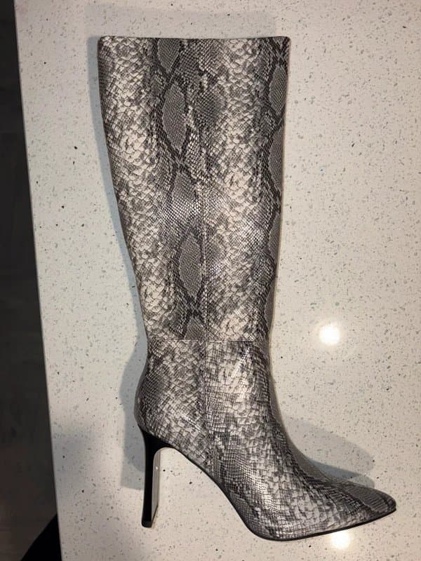 PrettyLittleThing Brand NEW in box Snakeskin Grey / Silver / Black knee high block heel faux leather winter boots UK 3