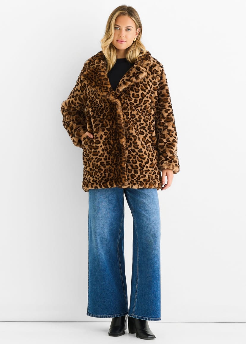 Gini London Gini London Women's Brown Leopard Print Faux Fur Coat Jacket - 1