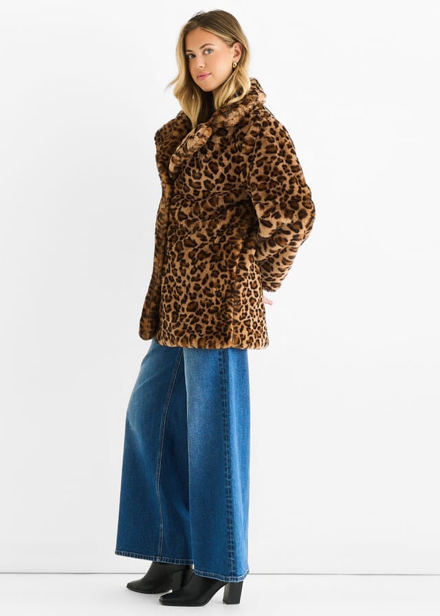 Gini London Gini London Women's Brown Leopard Print Faux Fur Coat Jacket - 3
