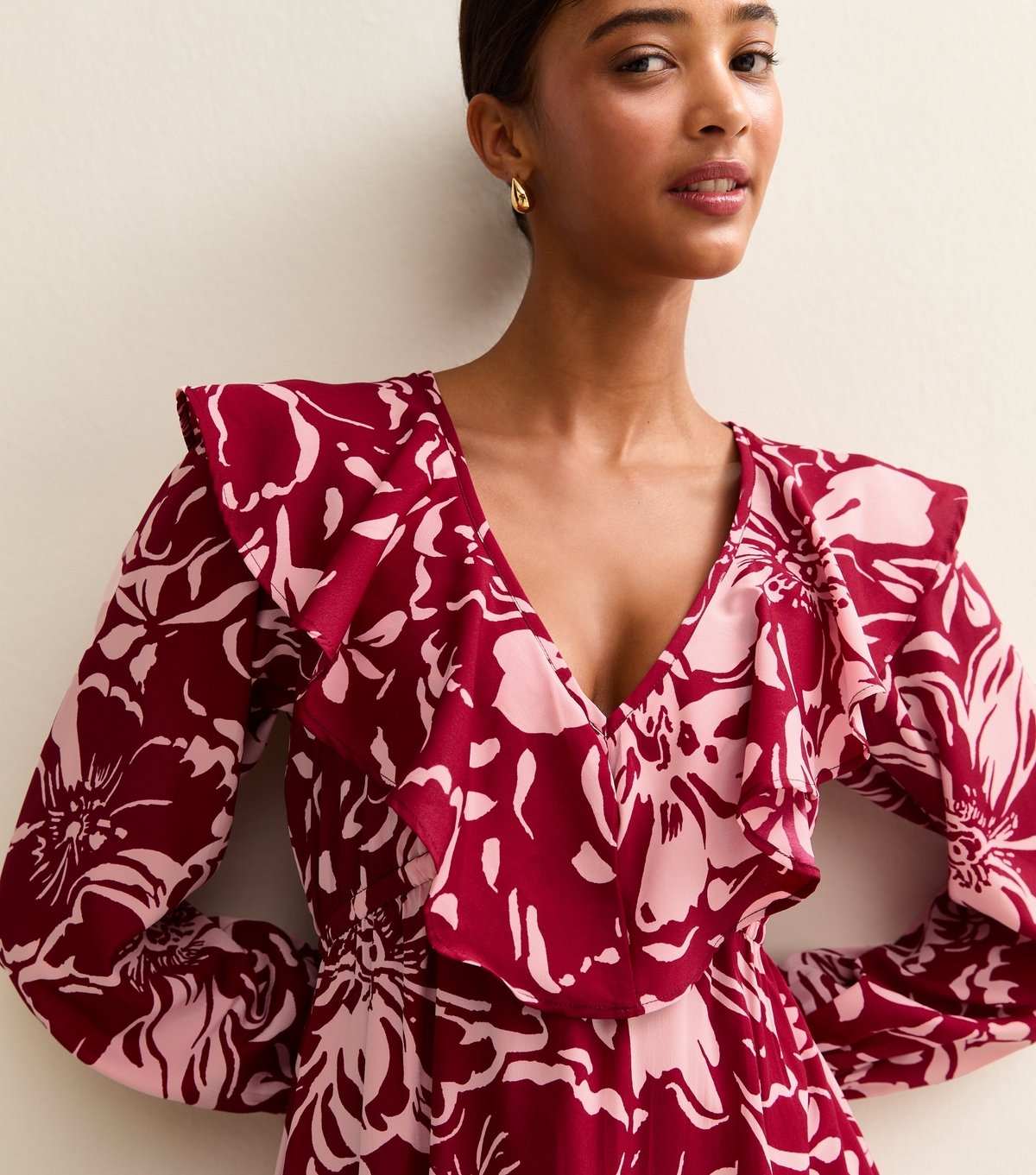 New Look Women's Red Crepe Floral Print V-Neck Frill Trim Mini Dress New Look - 2