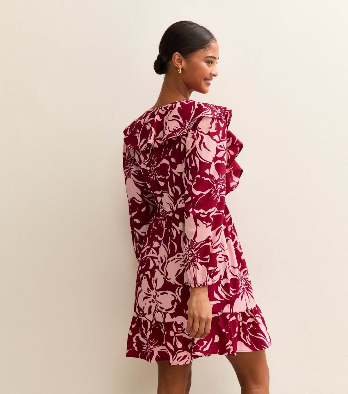 New Look Women's Red Crepe Floral Print V-Neck Frill Trim Mini Dress New Look - 4