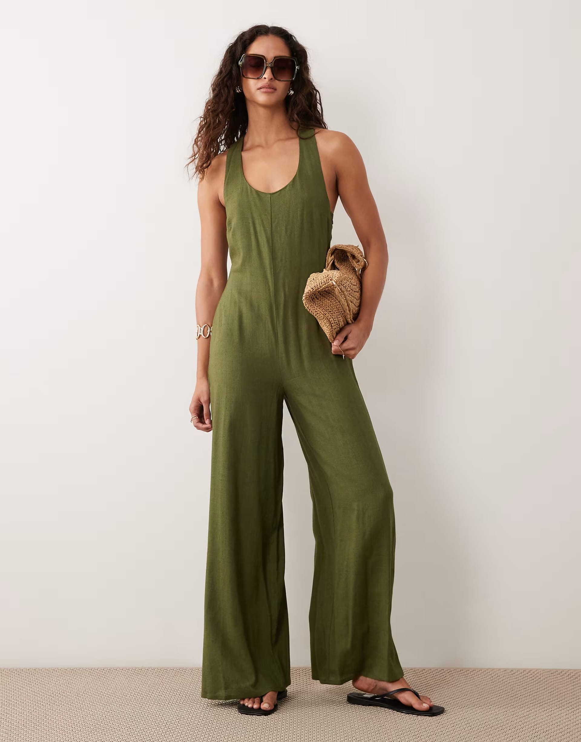 ASOS DESIGN Khaki Wide Leg Jumpsuit with Twist Back