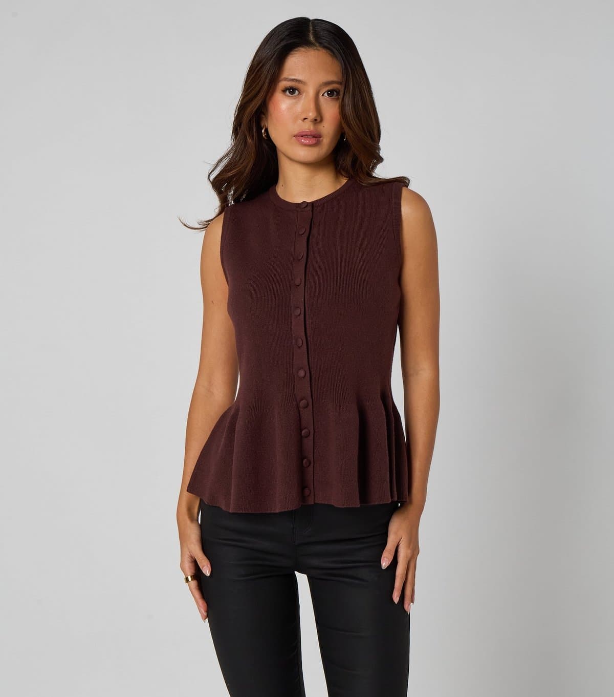 Urban Bliss Women's Dark Brown Peplum Button Front Vest Top Urban Bliss New Look