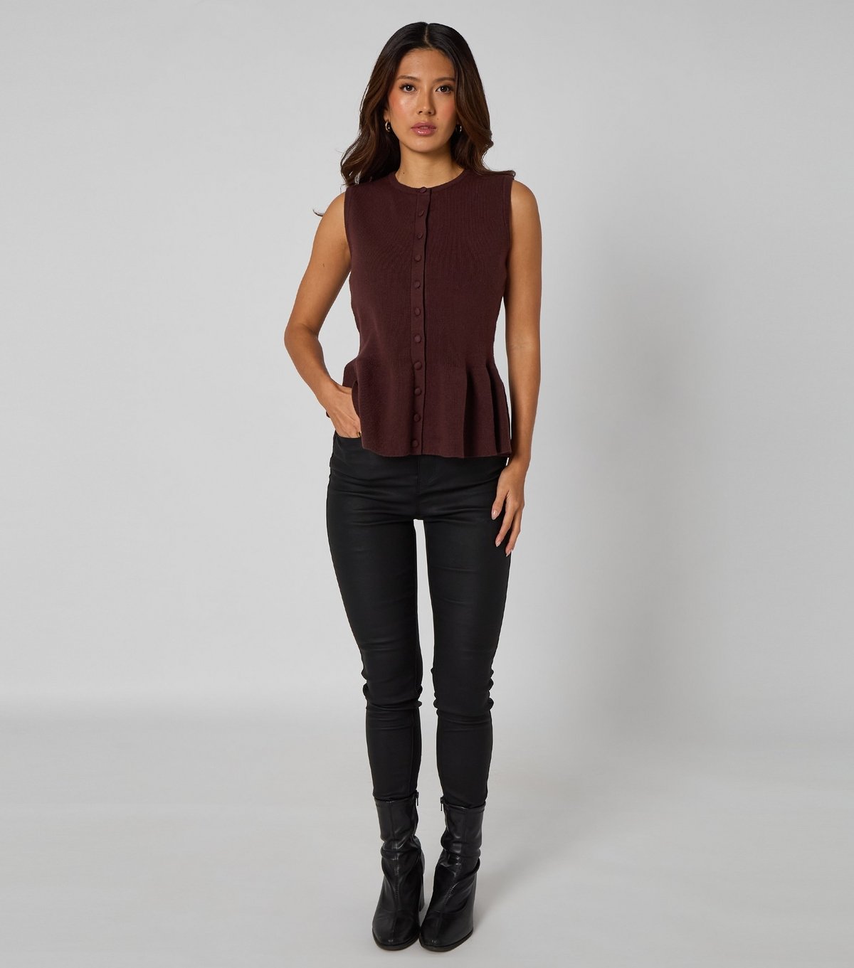 Urban Bliss Women's Dark Brown Peplum Button Front Vest Top Urban Bliss New Look - 3