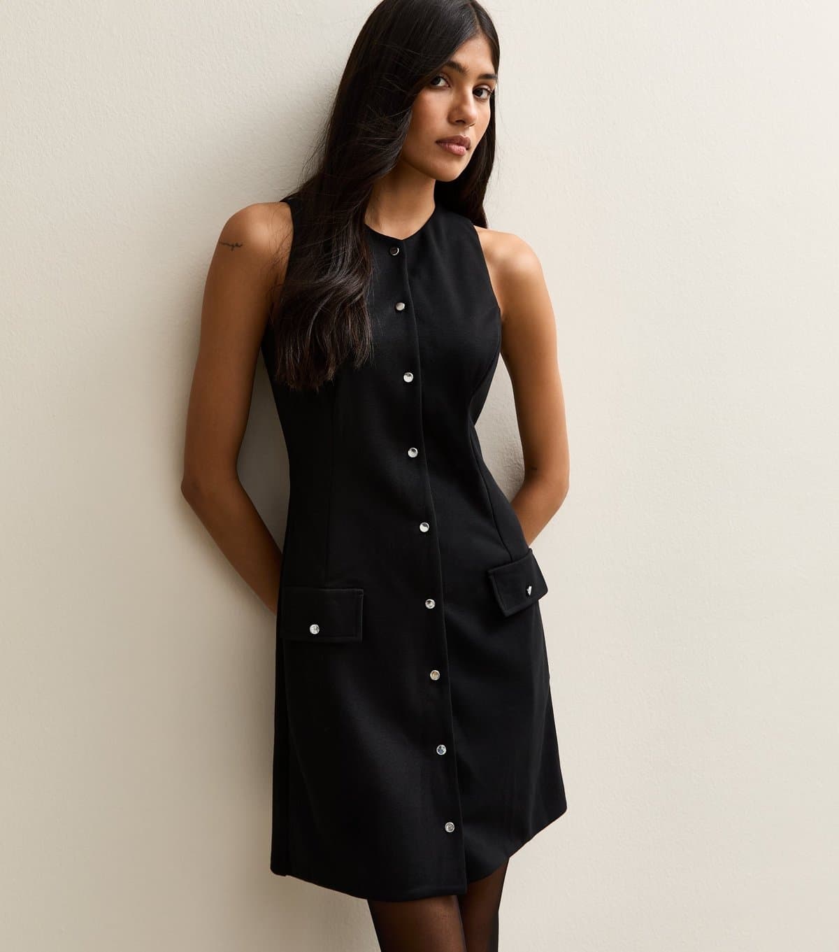New Look Women's Black Panelled Button Up Mini Pinafore Dress New Look