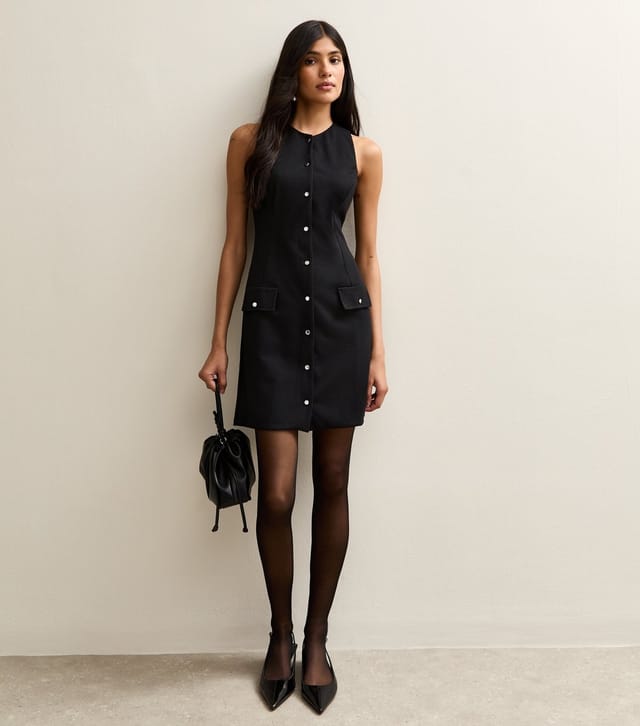 New Look Women's Black Panelled Button Up Mini Pinafore Dress New Look - 2